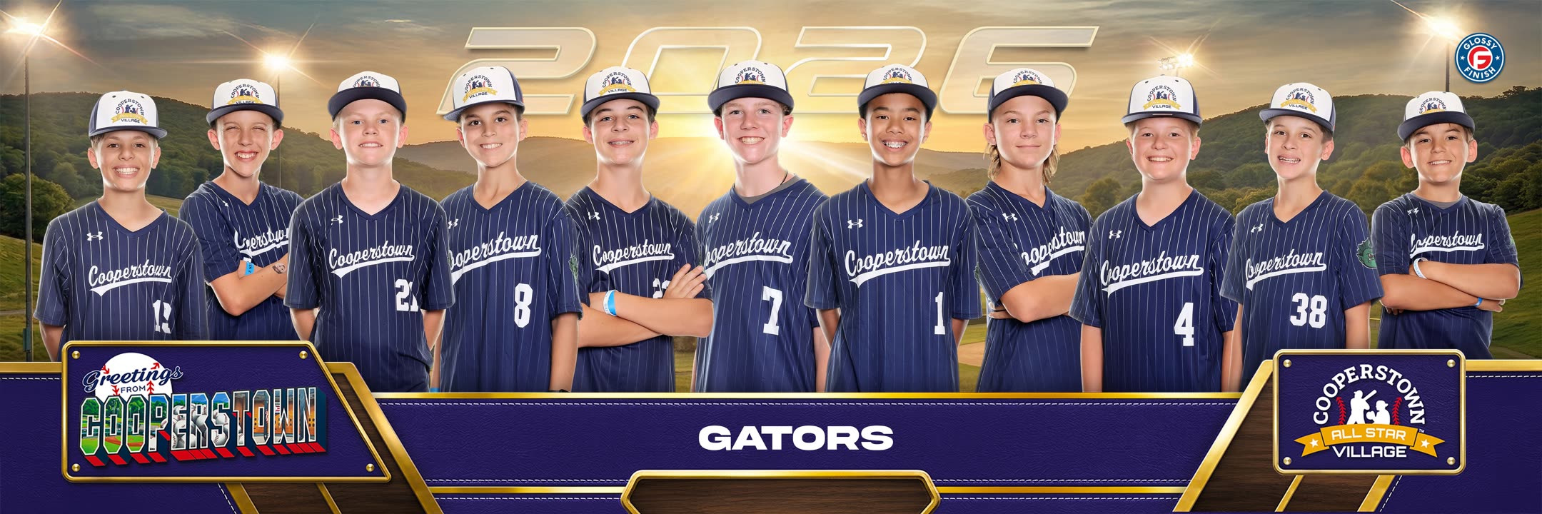 Finished team panorama: the same eleven athletes, backgrounds replaced, every face at the same height
