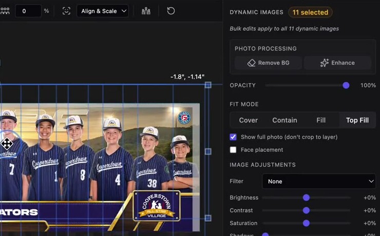 Studio's bulk photo processing panel: Remove BG and Enhance applied to eleven selected photos at once